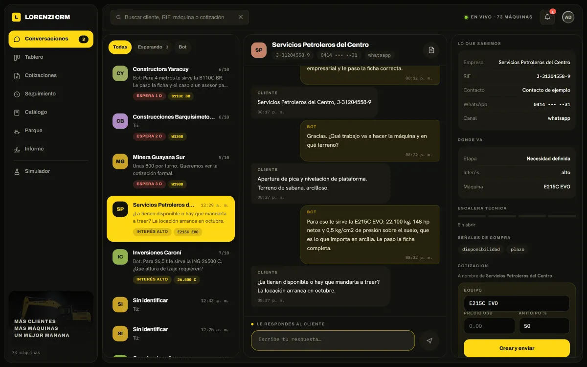 Bandeja de conversaciones de un CRM con bot de WhatsApp y asesor