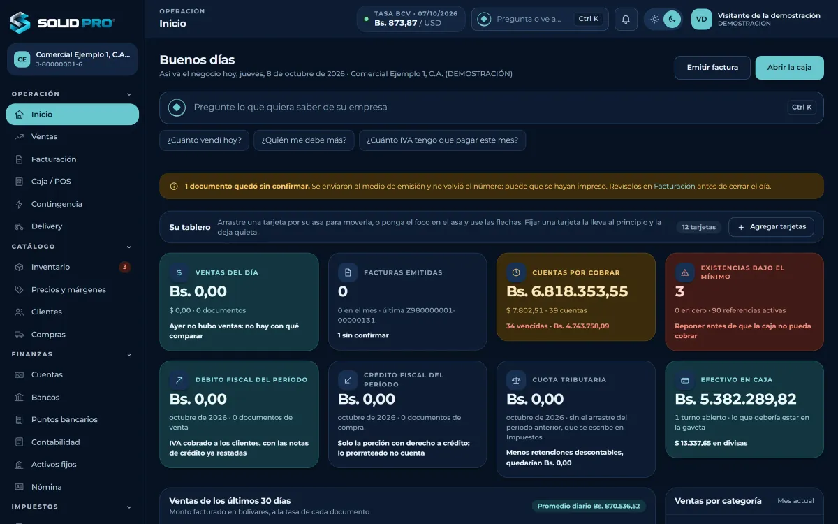 Inicio del ERP SOLID PRO con ventas, cuentas por cobrar y alertas